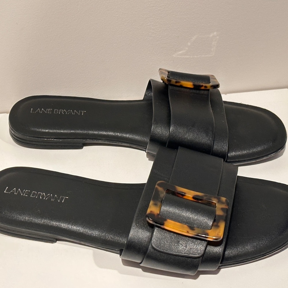 Lane Bryant Black Slide Sandals with Tortoiseshell Buckles